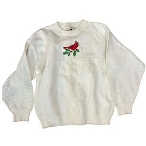 Vintage White Crew Winona Knits Sweater Red Cardinal Bird Womens Medium USA